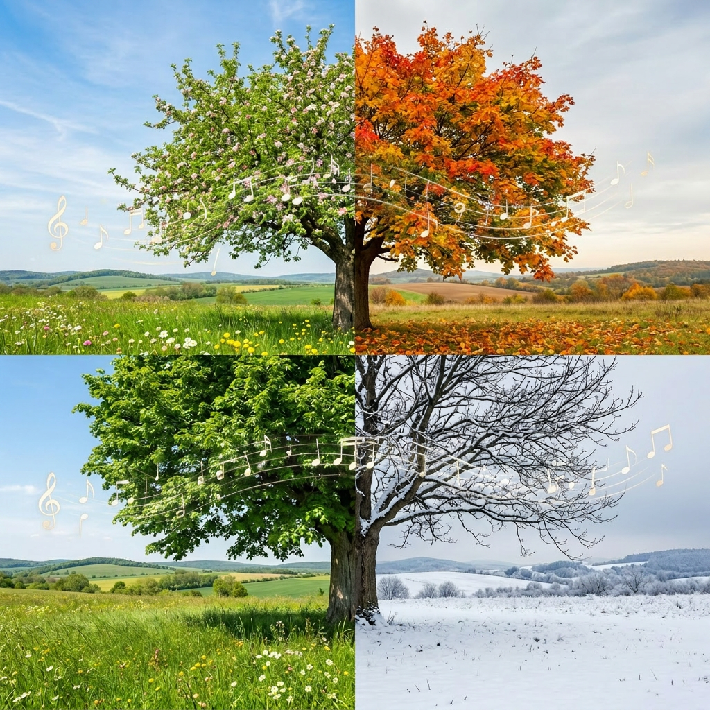 Tree divided into four sections, each showing a different season's characteristics